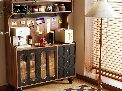 Wooden Sideboard With Glass Doors Coffee Maker Storage Jars And Decorations 3d model