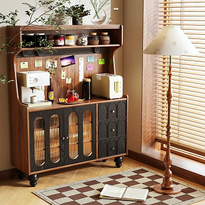 Wooden Sideboard With Glass Doors Coffee Maker Storage Jars And Decorations 3d model