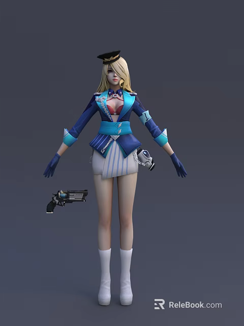 Game Movie Character With Blonde Hair Blue Uniform Short Skirt And Weapon 3d model 