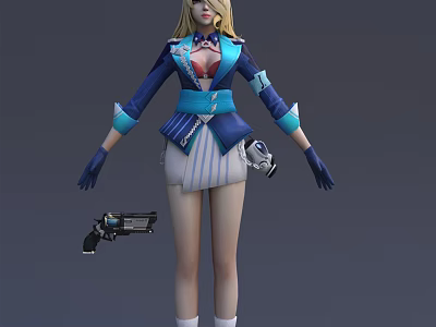 Game Movie Character With Blonde Hair Blue Uniform Short Skirt And Weapon 3d model