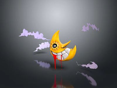 Yellow Moon Shaped Decorative Living Goods With Cartoon Eye Teeth And Purple Clouds 3d model