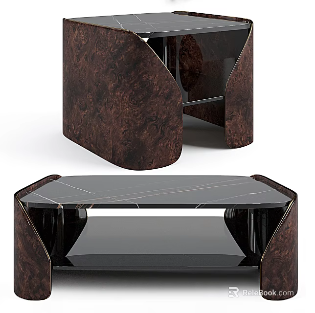 Modern Coffee Table With Octagonal Black Marble Top And Wooden Frame Design 3d model 