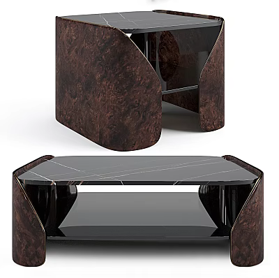 Modern Coffee Table With Octagonal Black Marble Top And Wooden Frame Design 3d model
