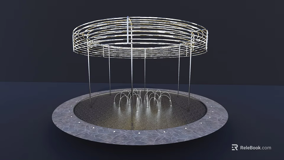 Circular Modern Metal Pergola Structure With Central Fountain And Paved Base Reflections 3d model 