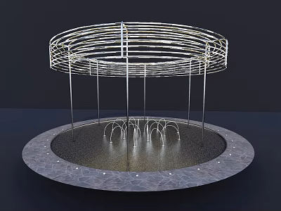 Circular Modern Metal Pergola Structure With Central Fountain And Paved Base Reflections 3d model