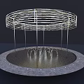 Circular Modern Metal Pergola Structure With Central Fountain And Paved Base Reflections