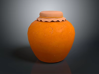 Orange Crackled Clay Jar With Decorative Lace Edge Lid On Dark Surface 3d model