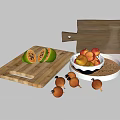 Wooden Cutting Board with Halved Green Fruits Black Seeds and Bowl of Red Yellow Fruits