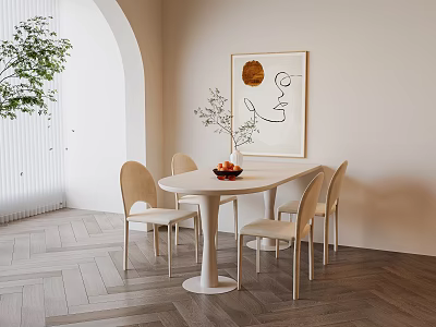 Modern Minimalist Dining Table Set With Beige Chairs Wall Art And Green Plant 3d model