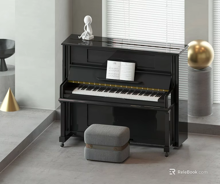 Modern Black Piano With Music Score Gray Stool And Gold Sphere In Stylish Room 3d model 