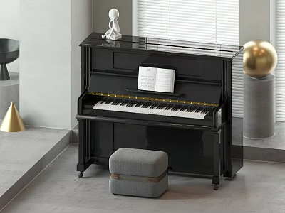 Modern Black Piano With Music Score Gray Stool And Gold Sphere In Stylish Room 3d model