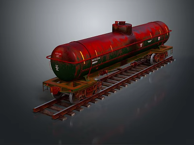 Red And Green Tank Car On Railway Track With Metal Wheels And Structure 3d model