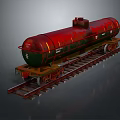 Red And Green Tank Car On Railway Track With Metal Wheels And Structure