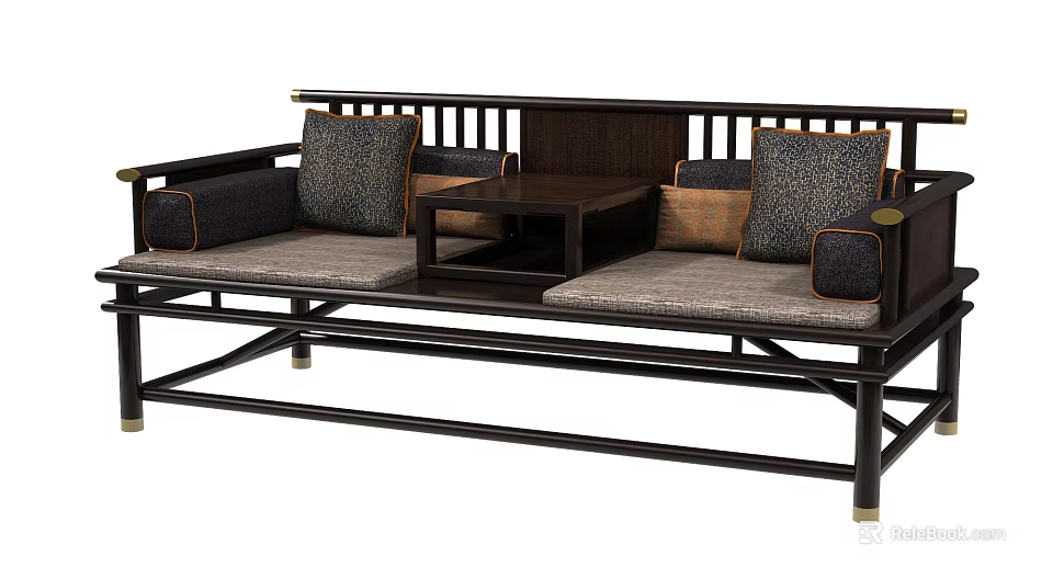 Traditional Chinese Daybed with Dark Wooden Frame Small Coffee Table Soft Cushions and Patterned Pillows 3d model 