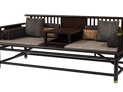 Traditional Chinese Daybed with Dark Wooden Frame Small Coffee Table Soft Cushions and Patterned Pillows 3d model