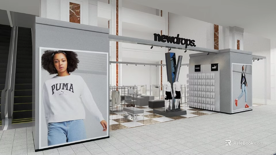 Newdrops Clothing Store Interior With PUMA Apparel Model Display And Shelves 3d model 