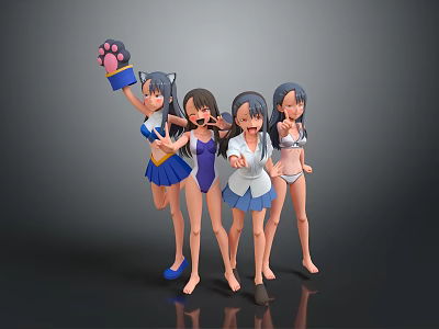 Four Anime Style Game and Movie Characters with Various Outfits and Cat Paw Gloves 3d model