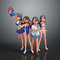 Four Anime Style Game and Movie Characters with Various Outfits and Cat Paw Gloves