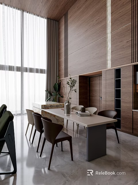 Modern Restaurant Interior With Open Layout Dining Table Chairs And Wooden Cabinets 3d model 
