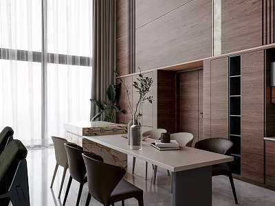 Modern Restaurant Interior With Open Layout Dining Table Chairs And Wooden Cabinets 3d model