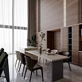 Modern Restaurant Interior With Open Layout Dining Table Chairs And Wooden Cabinets