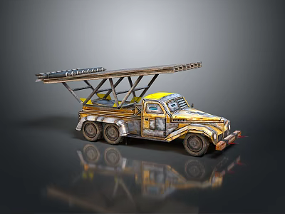 Vintage Truck With Long Ladder On Top Yellow And Silver Painted Body 3d model