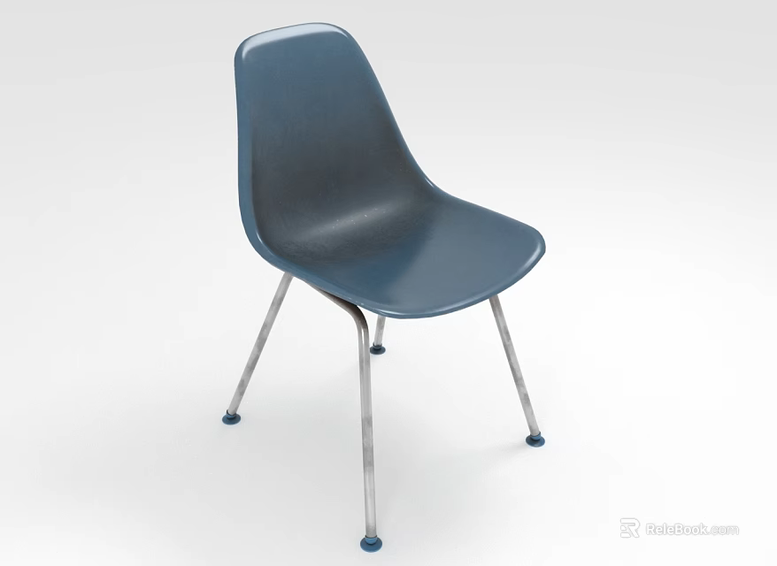 Dark Blue Curved Plastic Chair with Backrest Seat Metal Legs and Blue Foot Pads 3d model 