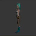 3D Animated Character With Teal Hair White Tank Top Brown Pants And Green Boots