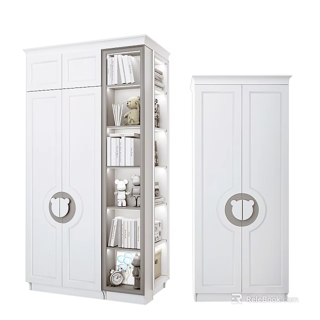 Stylish White Wardrobe With Circular Handles And Multi Shelf Storage Design 3d model