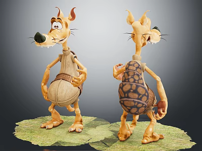Cartoon Animal Creatures With Shell Back Design Front And Back Poses On Green Grass 3d model