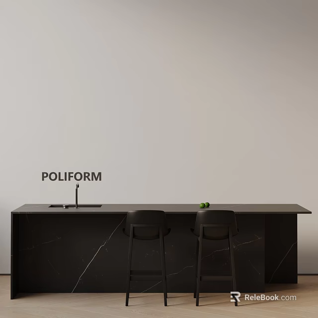 POLIFORM Black Marble Dining Table Set With Countertop And Chairs 3d model