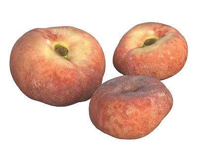 Three Fresh Ripe Pink Flat Peaches With Fuzzy Skin And Natural Shine 3d model