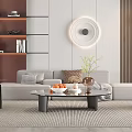 Modern Living Room Interior With Sofa Coffee Table Circular Light Floor Lamp And Decorative Shelf