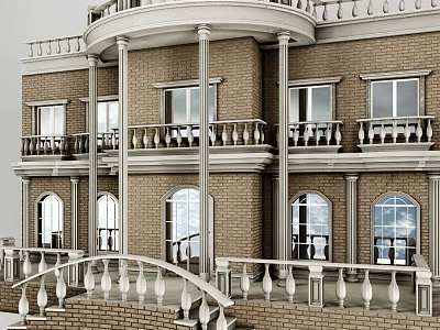 Elegant Detached Villa With Brick Exterior Arched Windows Balconies And White Railings 3d model