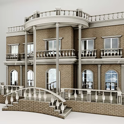 Elegant Detached Villa With Brick Exterior Arched Windows Balconies And White Railings 3d model
