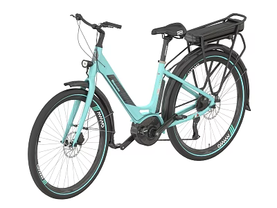 Light Blue Electric City Bike With Rear Rack Mudguards And Large Wheels 3d model