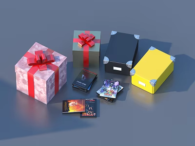 Colorful Decorative Gift Boxes With Bows And Scattered Greeting Cards Collection 3d model
