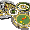 Children's Play Area With Large Red Sculptures Trees And Yellow Building