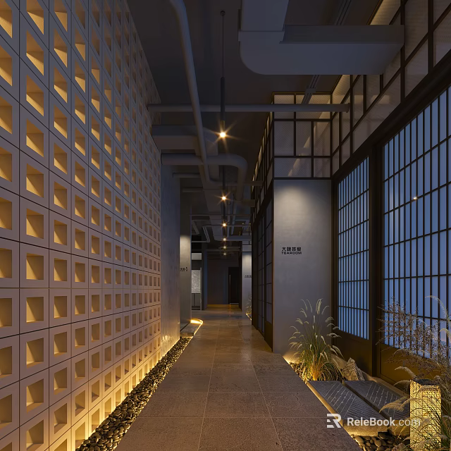 Serene Teahouse Interior With Square Hollowed Walls Wooden Framed Glass Windows Pendant Lights And Plants 3d model 