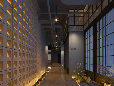 Serene Teahouse Interior With Square Hollowed Walls Wooden Framed Glass Windows Pendant Lights And Plants 3d model