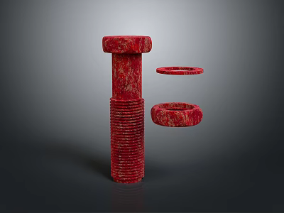 Red Threaded Bolt and Two Washers with Textured Surface Design 3d model