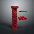 Red Threaded Bolt and Two Washers with Textured Surface Design
