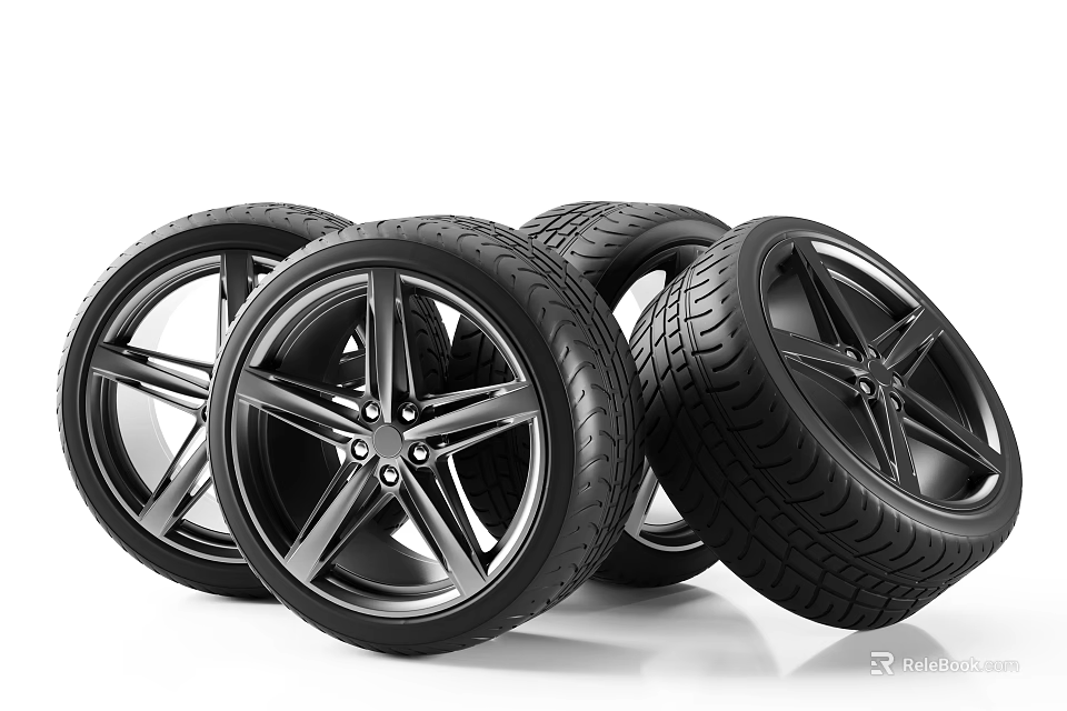 Premium Car Tires With Sleek Black Alloy Wheels And Deep Tread Pattern 3d model