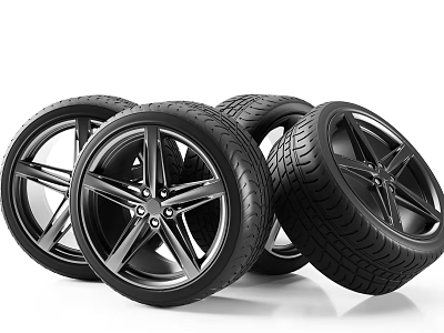 Premium Car Tires With Sleek Black Alloy Wheels And Deep Tread Pattern 3d model