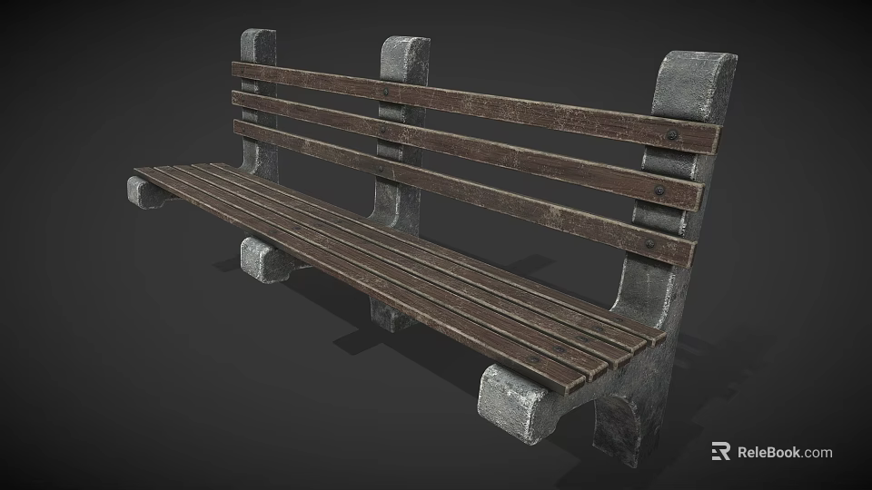 Outdoor Bench With Slatted Wooden Seat Backrest And Stone Supports For Garden Use 3d model 