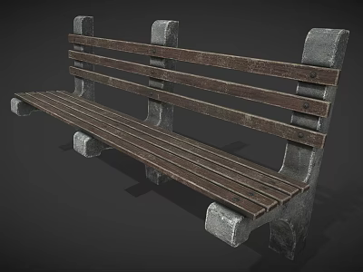Outdoor Bench With Slatted Wooden Seat Backrest And Stone Supports For Garden Use 3d model