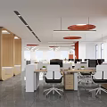 Modern Open-Plan Public Office Area Featuring Orange Ceiling White Partitions Workstations Green Plants Zone 01 3d model