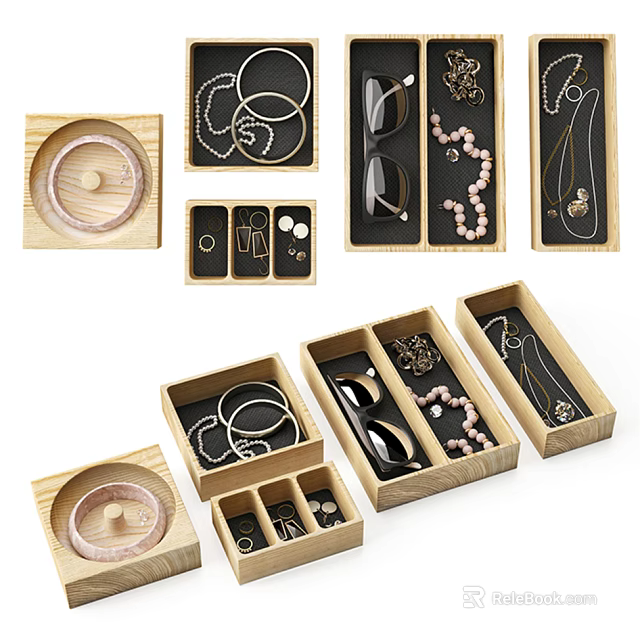 Organized Wooden Jewelry Boxes Storing Bracelets Necklaces Earrings Rings And Chains 3d model 