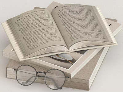 Open Book Display On Stack Of Books With Reading Glasses And Pen 3d model