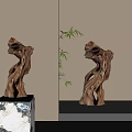 Natural Twisted Wooden Sculpture Display on Marble Base with Green Plants